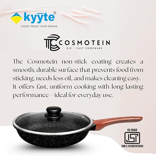 Image of kyyte CosmoTein Die Cast Non Stick Fry Pan with Glass Lid 24 cm Dia,Pasta,Saute Pan,Nonstick Fry Pan with 5 Layer Coating,Gas &Induction Stove Friendly,Dishwasher Safe,PFOA&PFOS Free, Safe&Toxic-Free.