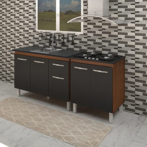 Armário Cozinha Gabinete pia de 120 cm com Balcão Cooktop 4 bocas Savana frente preta