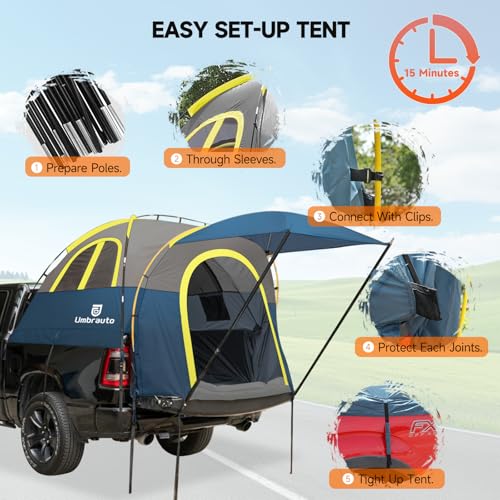 Umbrauto Inflatable Truck Bed Air Mattress with Tent for Full Size Short Truck Beds, 5.5-5.8ft, Expandable Awning for All Weather