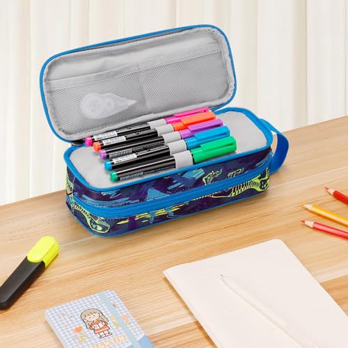 Image of Choco Mocha Boys Pencil Case for Kids, Soft Large Zipper Pencil Pouch for Boys with 2 Compartments Boy Pencil Case for School Dinosaur Pencil Bag, Navy Blue