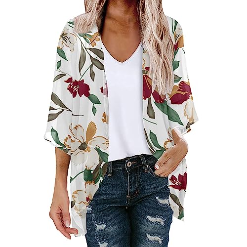 oelaio Blouses for Womens Round Neck 3/4 Sleeve Summer Floral Vacation T Shirts Boho Plus Size Classic Blouses Red