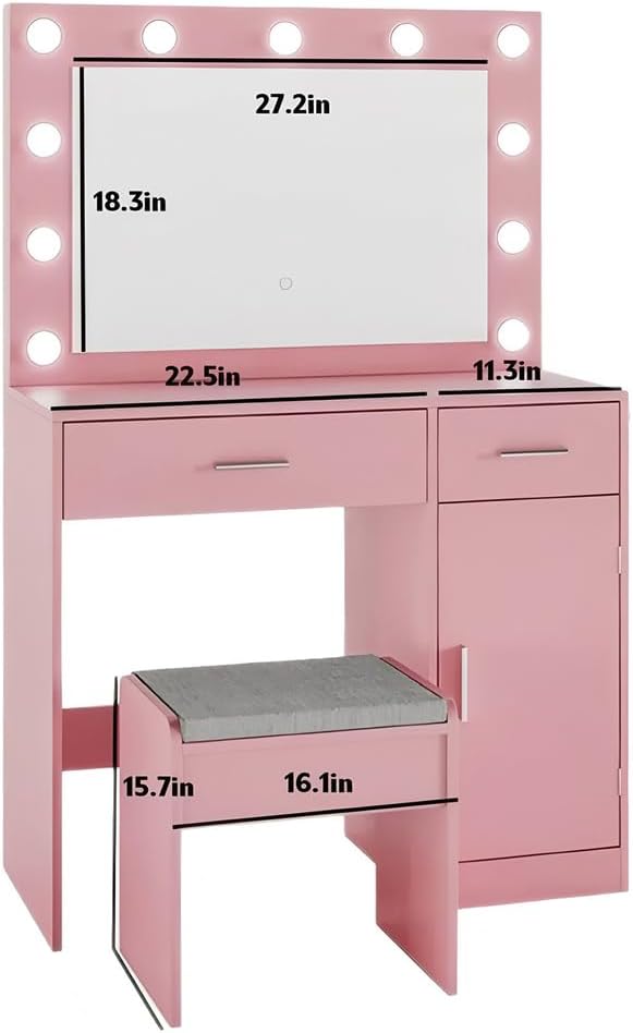 Makeup Vanity Desk with Lighted Mirror - Solid Wood Dressing Table Includes Stool, USB Charging Port and Secret Storage Compartment,Pink