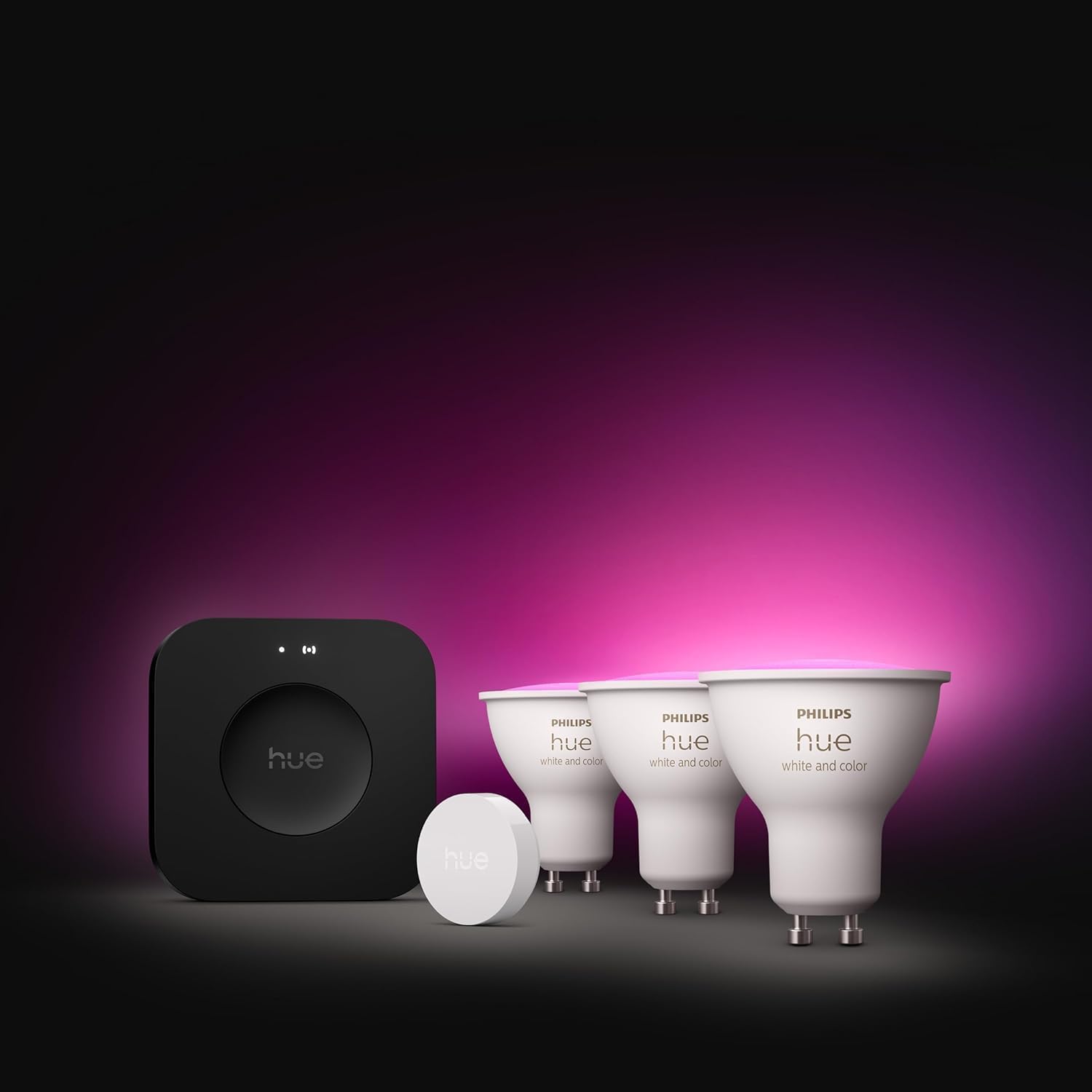 Philips Hue Kit Inicio Pro: Hue Bridge Pro + Smart button + 3 focos led inteligentes E27, Luz Blanca y Colores, funciona con Matter, Apple Home, Amazon Alexa, Google Assistant, Samsung SmartThings