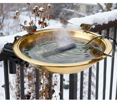12" Heated Bird Bath 50W Heater Railing/Fence Mount Golden Metal