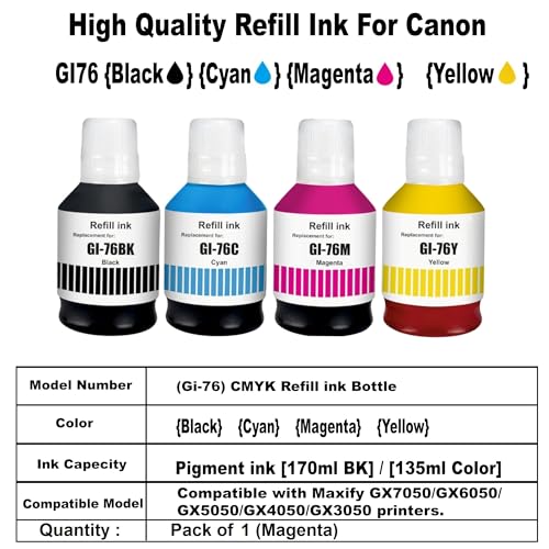Image of CANOFF GI-76 Ink Bottle Water Based Refill Ink Suitable for Canon MAXIFY GX5070,GX6070,GX7070 Printer (Magenta, 135ml)