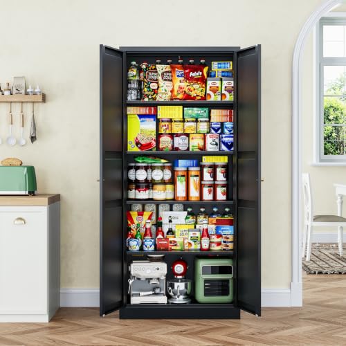 Image of Letaya Black Storage Cabinet with Adjustable Shelves-Metal Home Kitchen Pantry Cabinets with Doors,Organization Locker for Cupboard /Bedroom /Dining /Living /Bathroom /Office /Garage Room