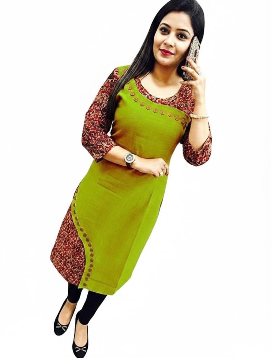 Plain Floral Print Stylish Cotton Regular Straight Dress Kurti for Girls Women Casual Wear Different Color Sleeves Suit with Wooden Button Pattern-image-39