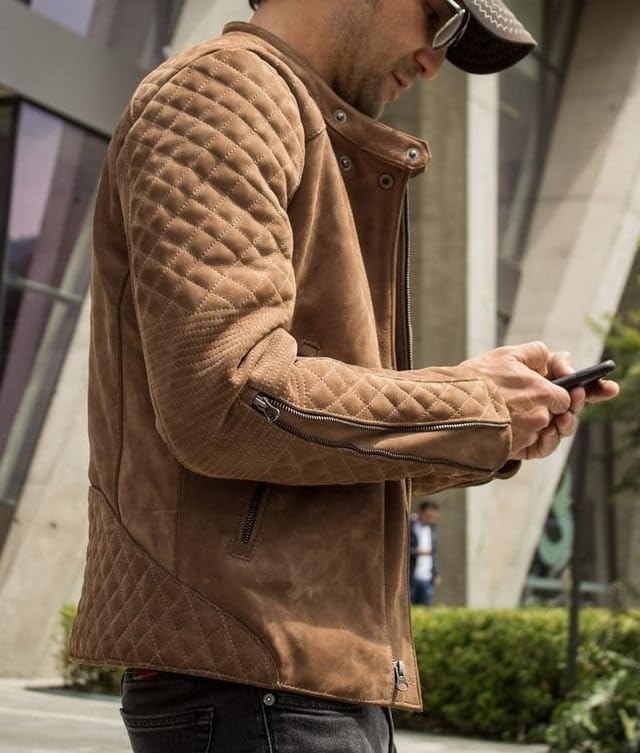 Mens Tan Suede Leather Biker Jacket – Slim Fit Quilted Shoulder Real Lambskin Classic Vintage Style Fashion4