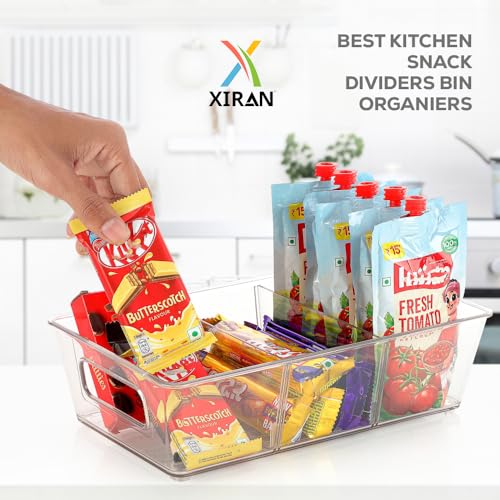 Image of Xiran Fridge Storage Boxes Organizer Bins, 3 Partition Stackable Fridge Storage Basket, Plastic Freezer Storage Containers for Fish, Meat, Vegetables, Fruits (Pack of 2, Transparent)
