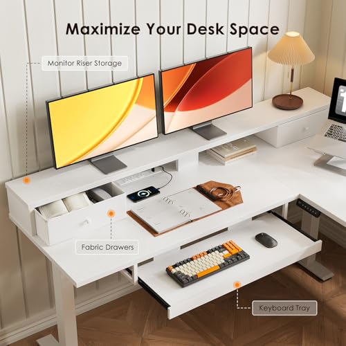 Image of OffiGo 59 Inch L Shaped Electric Standing Desk with Drawers, White