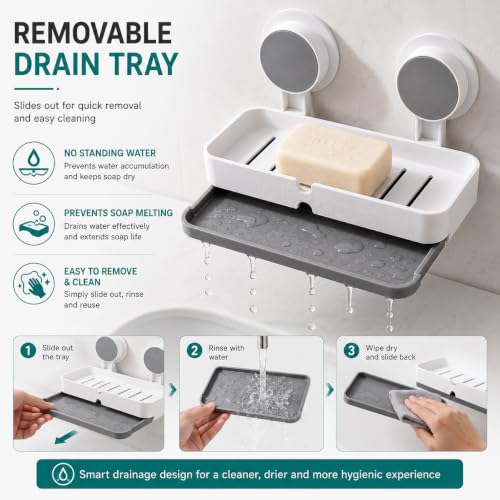 Image of Zollyss Double Soap Holder for Bathroom & Kitchen | Self Adhesive Wall Mounted Soap Dish with Drain Tray | No Drill Waterproof ABS Plastic