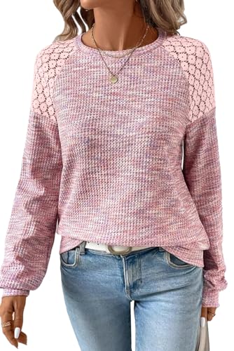 SHEWIN Womens Fall Fashion 2025 Long Sleeve Shirts Waffle Knit Lace Tops Dressy Casual Tunic Top Loose Fit Fall Sweaters for Women 2025, Pink, M