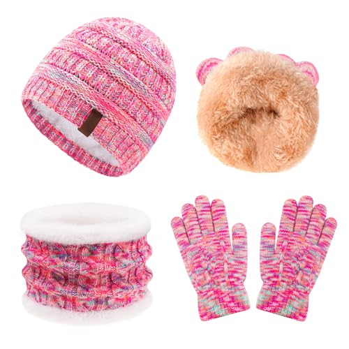 FENELY Lot de 2 écharpes et chapeaux pour enfants de 1 à 8 ans, garçons et filles d'hiver chauds en polaire doublée et écharpe Infinity, 6-10 Rainbow Pink, 6-10 years old