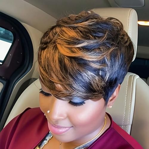 MOONSHOW Short Wigs for Black Women Brown Pixie Cut Wig Short Straight Pixie Hair Wig for Women 1B/30 Colored Layered Synthetic Auburn Brown Pixie Haircut Wigs for Black Women