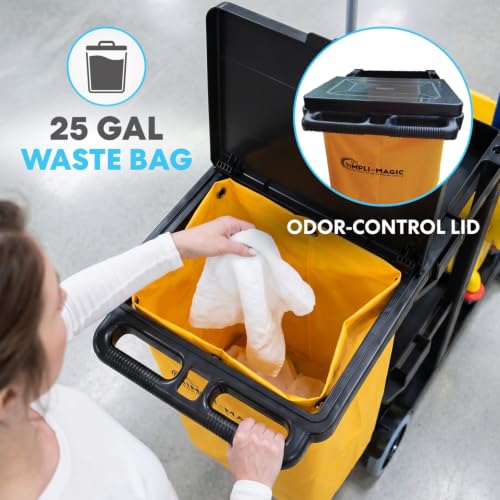 Image of Simpli-Magic Janitorial Cart, 330 lbs Capacity - 3-Shelf Commercial Housekeeping Cleaning Cart on Wheels, 25 Gallon Bag with Lid - Stable, Smooth Movement