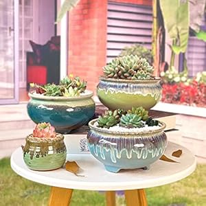 7 Inch Glazed Terracotta Plant Pot Round Ceramic Succulent Planter Pot with Drainage and Saucer Cactus Clay Pot Green Flowing Glaze