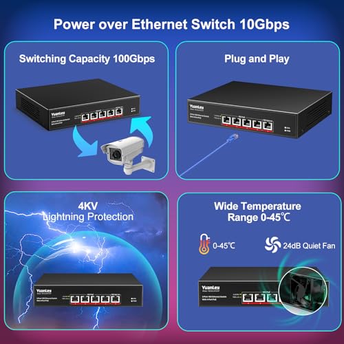 Image of YuanLey 5-Port 10G PoE Switch Unmanaged with 4-Port PoE, 4 x 10G Base-T RJ45 Ports, 1 x UpLink, IEEE802.3af /at, 65W Built-in Power, Compatible with 1G /2.5G /5G /10G, Rackmount 10Gbe Network Switch