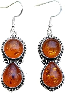 Pure 925 Sterling Silver Dangle Drop Earrings For Women, Genuine Baltic Amber Pear Round Multi Gemstone Amazing Handcrafted Earrings For Her