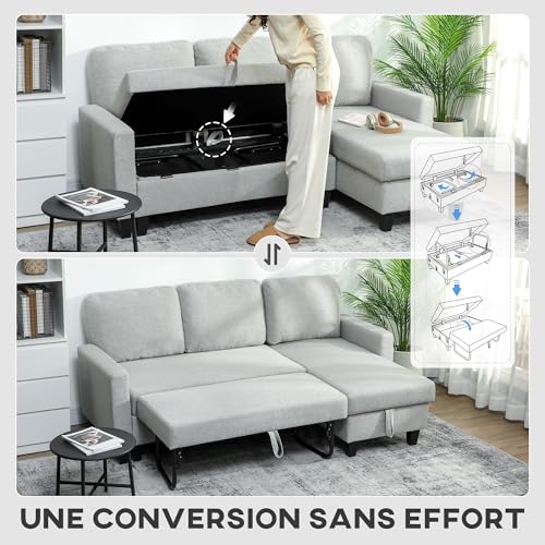 HOMCOM Canapé d'angle convertible réversible, canapé-lit 3 places 197 cm, méridienne, coffre de rangement, coussins lavables, tissu aspect lin, sofa moderne pour salon, bureau, appartement, gris clair – Image 6