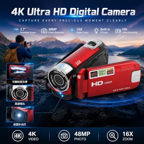 CamCrorder 4K Vintage, Caméscope Rétro 48MP, Caméra DV 2,7 Pouces TFT Écran Rotatif 16x Caméra Vidéo de Zoom Numérique avec Câble USB (Rouge)