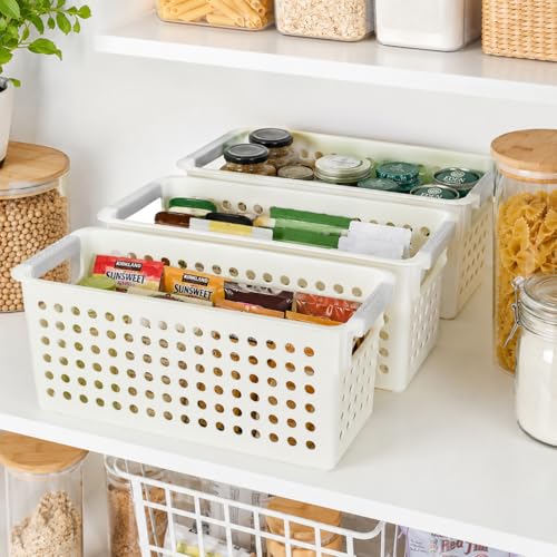 Image of Basicwise Set of 6 Plastic Storage Baskets, 12 inch x 5 inch x 5 inch Ivory Organizer Bins with Handles, Perforated Small Storage Containers for Pantry, Bathroom, Laundry, Closet, Office, Toys, Shelves, Home