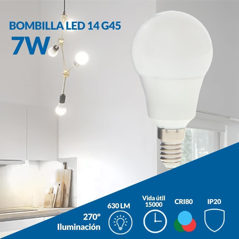M Ledme - Pack 6, Bombilla Led E14 G45 7W, Luz neutra (4000k), casquillo E14, 630 Lumen, IP20, Apertura del Haz de Luz 200°, Eficiencia energética y Bajo Consumo. LM7607