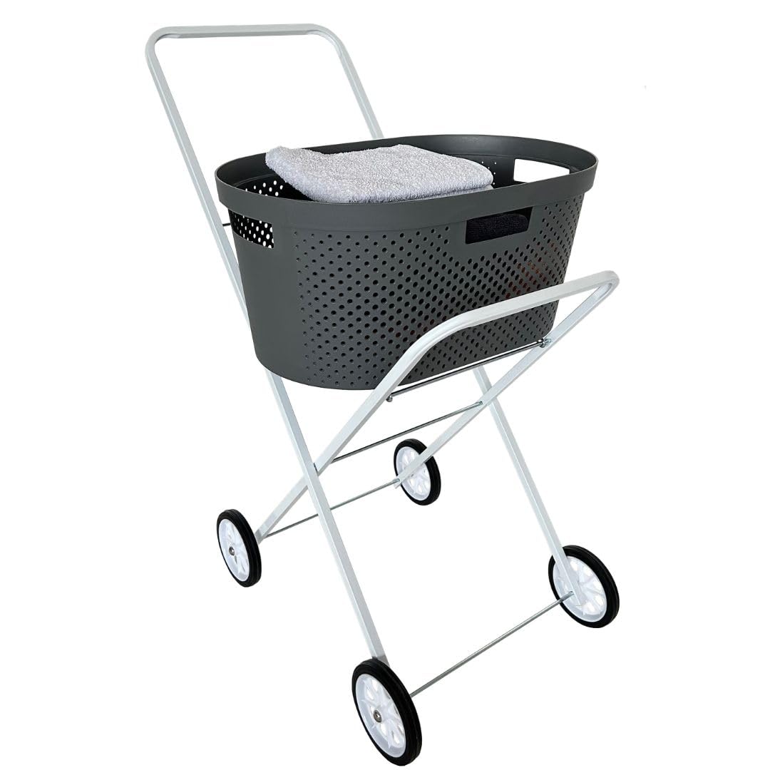 abc HOME | Wäschekorbwagen Klappbar mit Rollen – 92 cm Hoch – Mobiles Wäschekorbgestell aus Metall – Weißer Haushaltswagen mit Ablagefläche