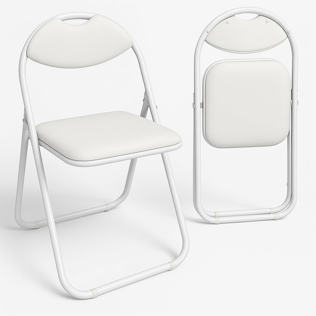 EPISENT Folding Chair – 2 PCS White Padded Faux Leather Foldable Chair with Heavy Duty Steel Frame –Comfortable, Lightweight, Space-Saving Fold Up Seat for Home, Office, Dining, Kitchen & Events