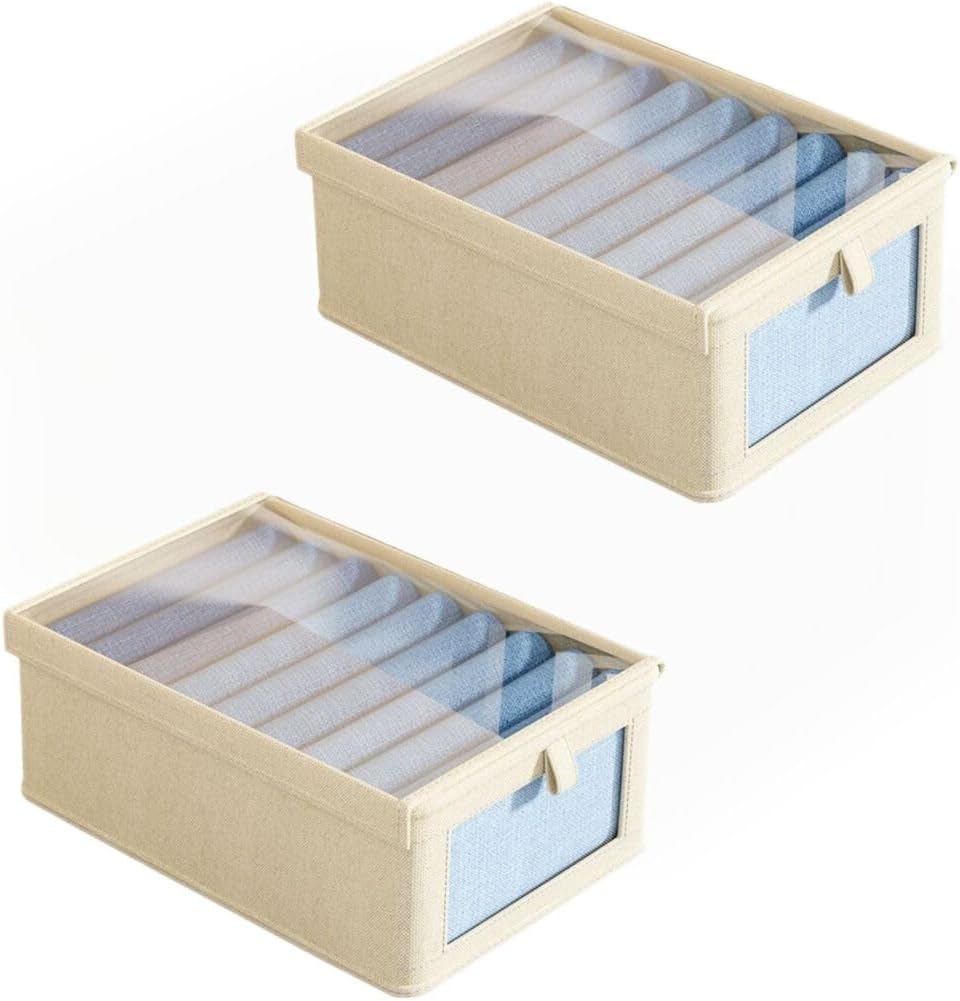 Foldable Clothing Storage Boxes with Lids Space Saving Organizers (Beige) Beige?pack of 2)