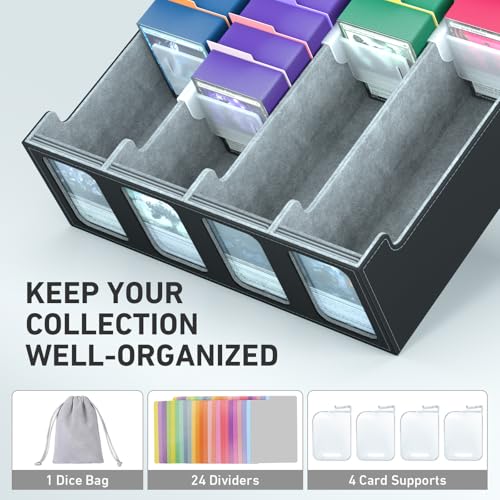 Image of 4-Row Trading Card Storage Box, Bulk Cards Case for 3200+ Mtg tcg Magic Playing Game Card Organizer, Commander Deck Box with 4 Supports & 24 Dividers & Strap
