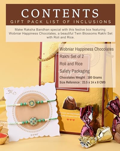 Image of Hyperfoods Rakhi with Chocolates Wobniar Happiness Chocolate Gift Pack 180 Grams Golden bag Twin Blossoms Rakhis Set of 2 with Roli & Rice Rakhi Set for Brother