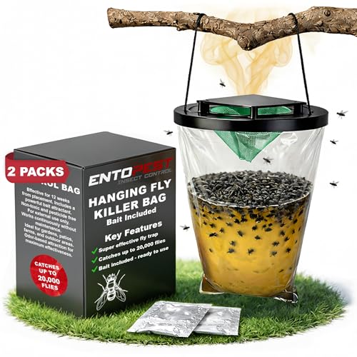 Entopest ProFly Hanging Fly Killer Bag Outdoor Fly Catcher- Professional Quality High Strength Trap Catches 20 000 Flies - Super attract Non-Toxic Control Gardens Farms & Paddocks (Pack of 2)