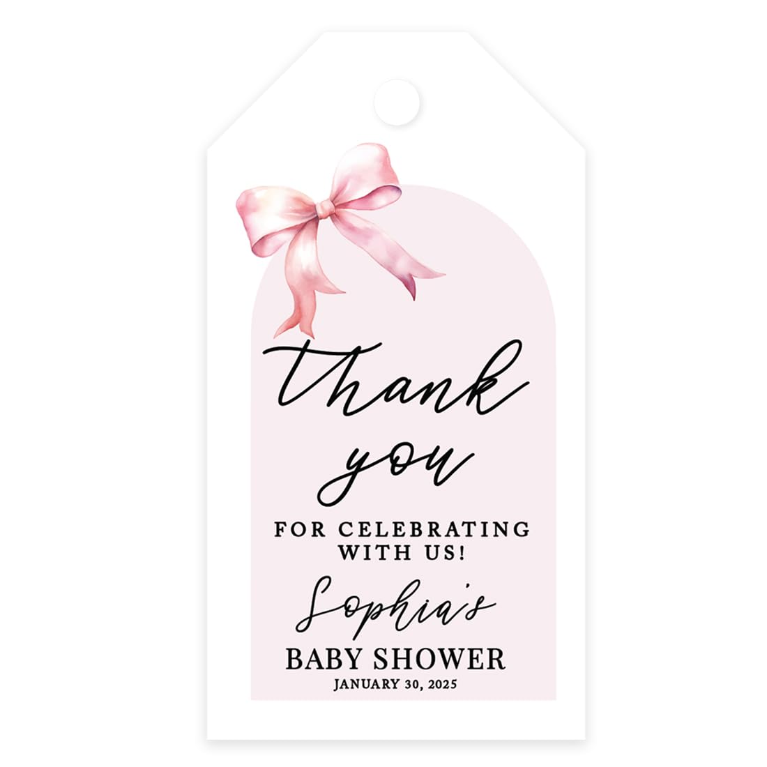 Andaz Press 2x3.75 Inch Personalized Modern Bow Baby Shower Tags for Favors Bow Party Decorations Thank You Tags with String for Party Favors Gifts