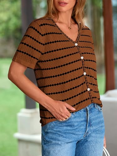Image of NALANISA Women's Short Sleeve Sweater Spring Summer Crochet Knit Tops 2026 V Neck Striped Button Down Dressy Casual Blouses