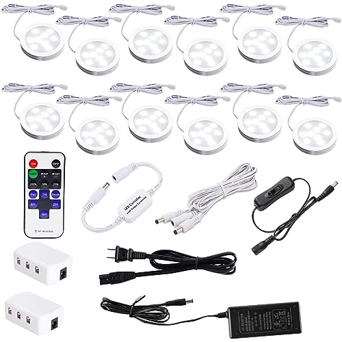 AIBOO LED Under Counter Lighting,Curio Cabinet,Display Light Fixtures with 12V Plug in Adapter and Dimmable Wireless Remote Control,24W 12 pcs Ultra Slim Bright Puck Lights(6000K, Daylight White)