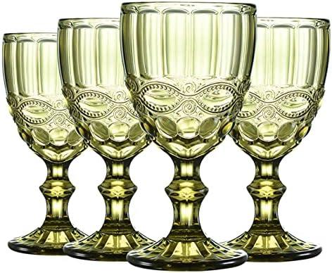 Wongblee Vintage Glass Goblets 10.8 Oz, Embossed Stemmed Wine Glasses, Colored Drinking Glasses for Water, Juice, Beverage, Set of 4 (Green)