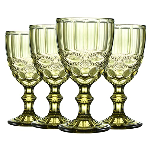 Wongblee Vintage Glass Goblets 10.8 Oz, Embossed Stemmed Wine Glasses, Colored Drinking Glasses For Water, Juice, Beverage, Set Of 4 (Green) #TOP2