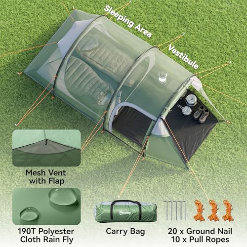 Outsunny 2-3 Person Tunnel Tent with Sewn-in Groundsheet, Air Vents, Rainfly, 2000mm Water Column, Camping Tent with 1 Bedroom, Inbuilt Porch, Living Area for Camping, Hiking - Image 4