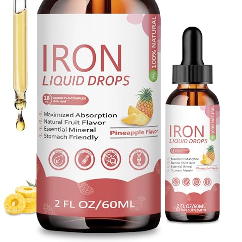 Iron Supplement Liquid Drops - High Absorption Formula with Vitamins C, B12, B6, Supports Energy, Gentle & Vegan, Suitable for Women, Men & Children, Pineapple Flavor, 60 ml