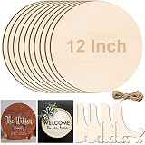12 Inch Wood Circles for Crafts, 10Pcs Unfinished Wood Crafts with Holders, DIY Wood Rounds for Cric