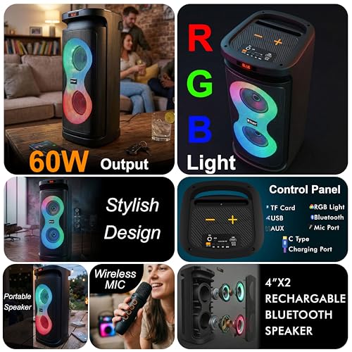 Image of Target TT-BSA-449 Portable Rechargeable Bluetooth Speaker, 60W, Dual 4 Inch Drivers, RGB Lights, with Wireless Karaoke Mic, C Type Charging Port