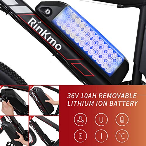 Rinkmo Electric Bike Adults Electric Mountain Bike 26in Power Assist Commuter Bicycle,20mph Ebike with Removable 10ah Battery, Professional 21 Speed Gears Disc Brakes Aluminum Bike