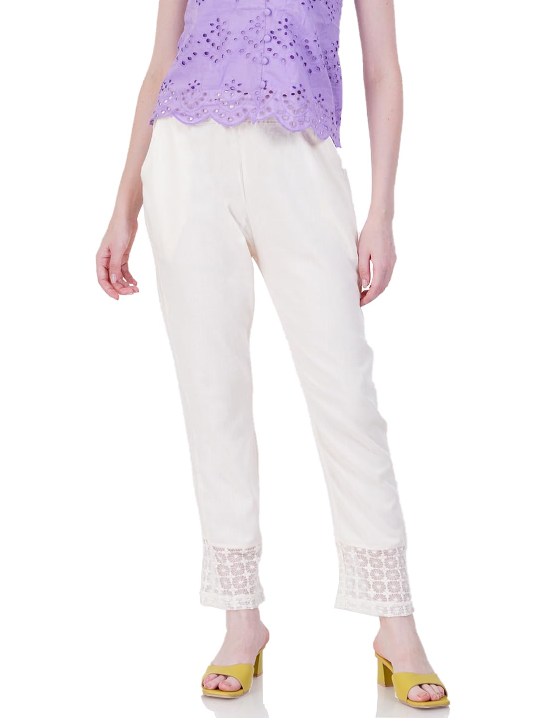 indian flower Women's Kurti Pants with Lace Detailing – Ethnic Chikankari Embroidered Trousers for Casual-picture-46
