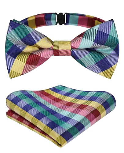 Enlision Pre-tied Kids Bowtie Plaid Toddler Bow tie Adjustable Multicolor Silk Bowties with Pocket Square Set Formal Casual Bow Ties for Boy