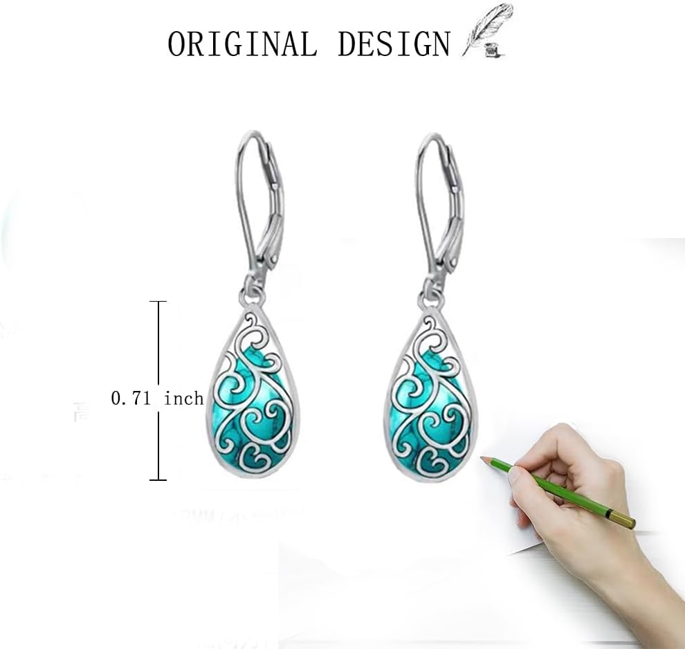 Turquoise Dangle Earrings for women, Filigree Turquoise Jewelry 925 Sterling Silver Western Earrings, Bohemian Teardrop with Jewelry Gifts Box - Image 6