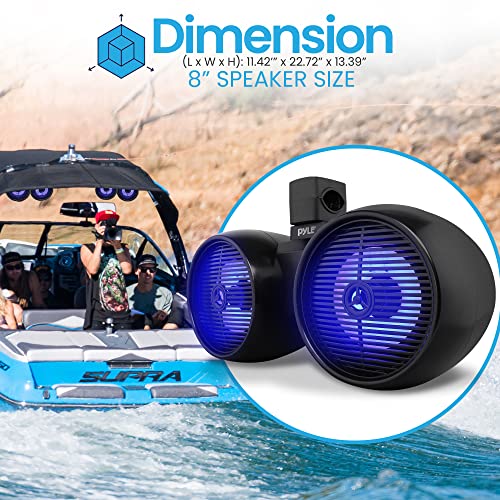 Image of Pyle Dual Waterproof Off-Road Speakers - 8 inch 300W 2-Way Marine Wakeboard Tower Sound System w /LED Light, Full Range Outdoor Stereo Speaker for Car, ATV, UTV, Jeep, Boat, Includes Brackets (Black)