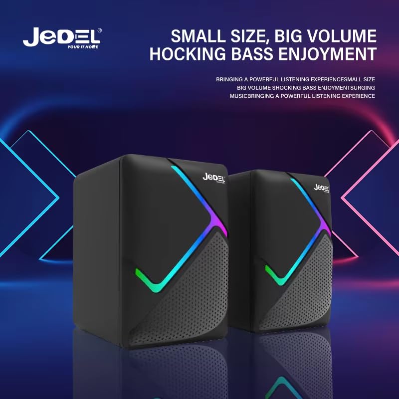 Image of Jedel 2x6W Gaming PC Speaker with RGB Lights, USB Powered Laptop Speaker, 3.5mm AUX Wired Stereo Computer Speaker for Desktop & Laptop, 20Hz-20kHz, Rainbow S526 Black