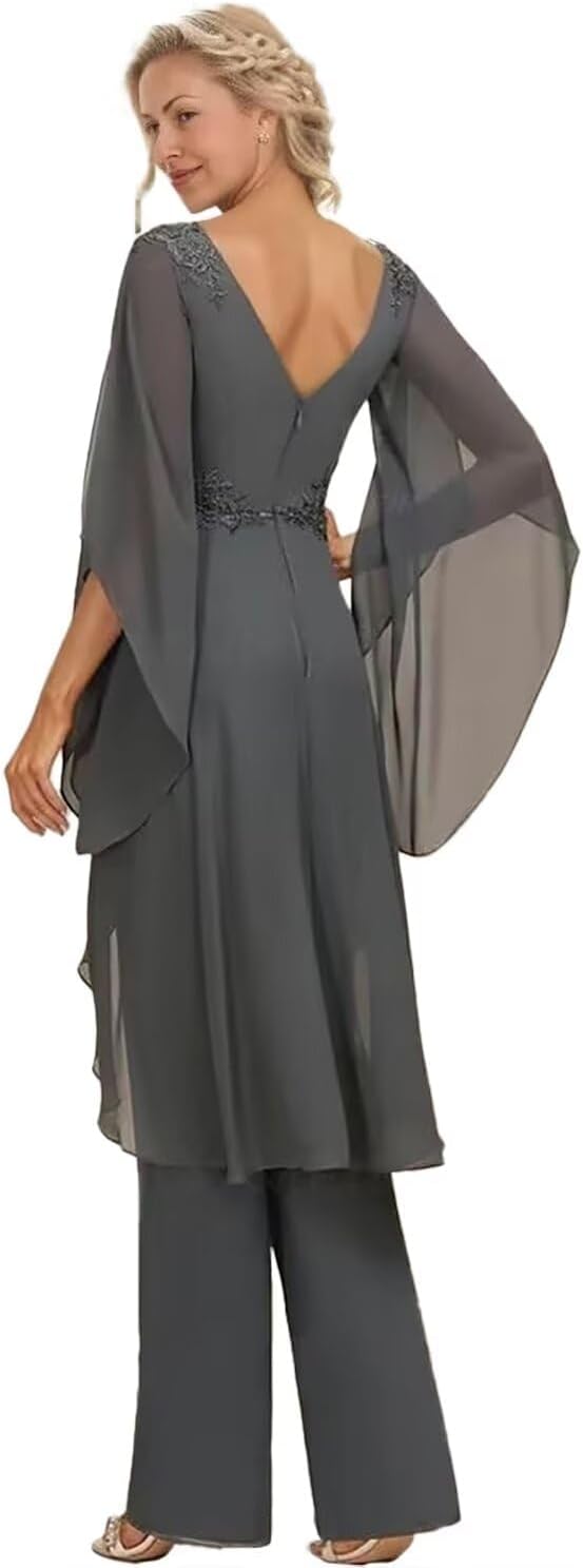 2 Pieces Jumpsuit Mother of The Bride Pant Suits for Wedding - Chiffon Lace Appliques Ruffle Long Prom Formal Outfits