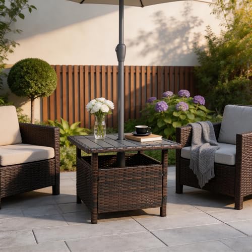 Sundale Outdoor Patio Umbrella Stand All Weather Wicker Rattan 22 in Umbrella Table Garden Furniture Deck Pool Table, Brown