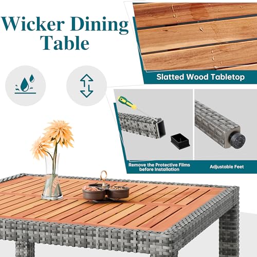 Image of Shintenchi 5 Piece Patio Dining Set, Wicker Patio Conversation Set with Wooden Table Top, Outdoor Table and Chairs with Soft Cushions for Backyard, Deck and Garden, Grey Wicker